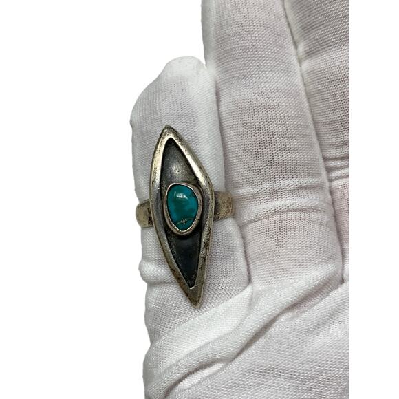 Vintage Silver Ring 5.5 Turquoise Asymmetrical Diamond Shape - Picture 1 of 7